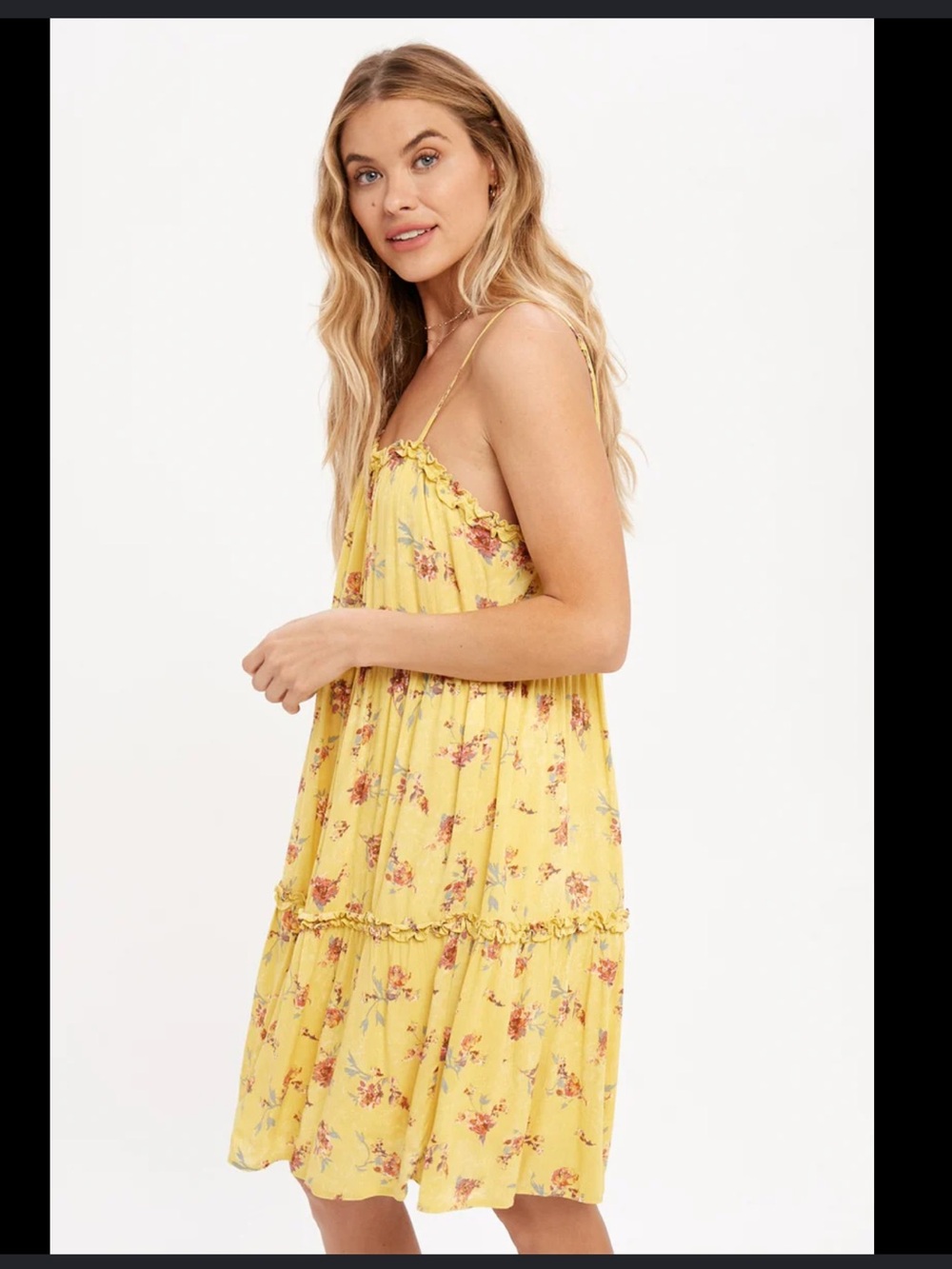 Mystree Yellow Floral Tiered layered Rayon  Sundress slip dress LG in GUV